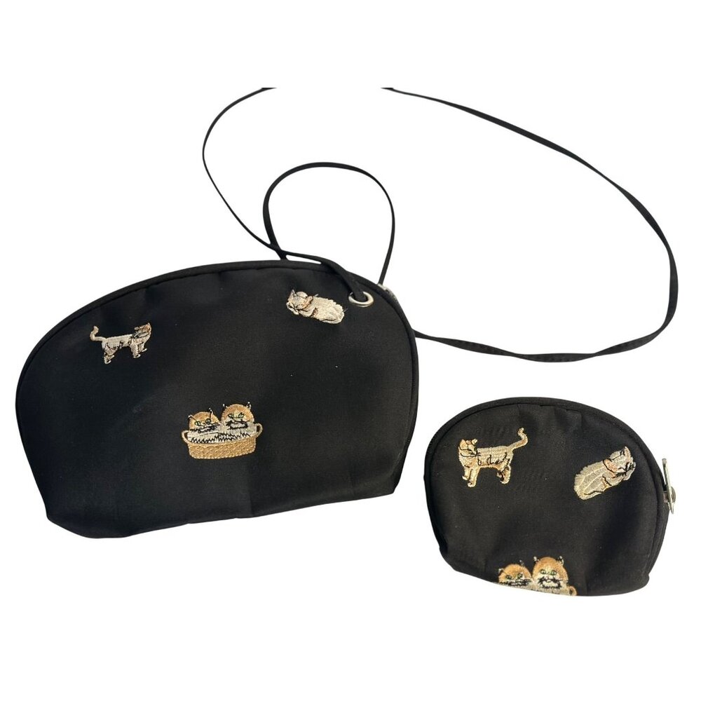 VTG Embroidered Black Purse & Coin Purse Set Cute Cats & Kittens Design, 4"x7.5"